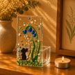 Fused Glass Tea Light Holder – Field Mouse & Bluebell (Handmade)