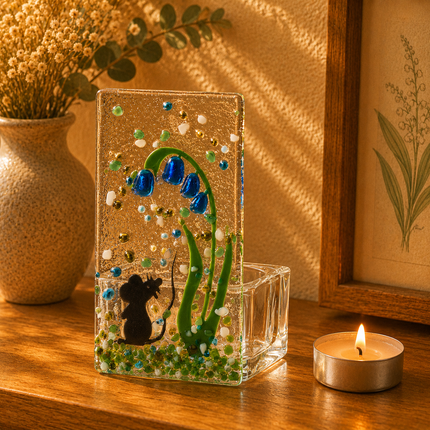 Fused Glass Tea Light Holder – Field Mouse & Bluebell (Handmade)