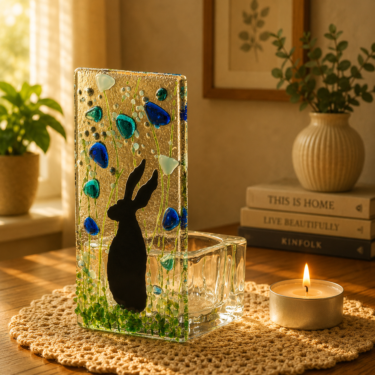 Fused Glass Tea Light Holder – Hare & Forget Me Not Design (Handmade)