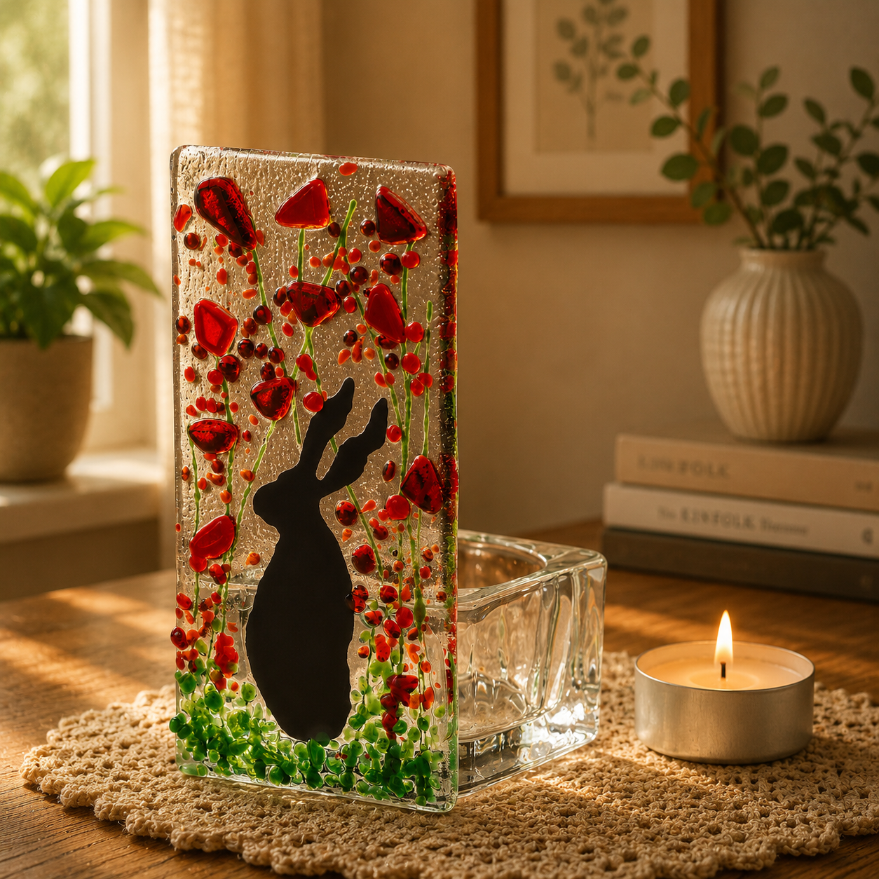 Fused Glass Tea Light Holder – Hare & Poppy Design (Handmade)