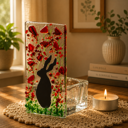 Fused Glass Tea Light Holder – Hare & Poppy Design (Handmade)