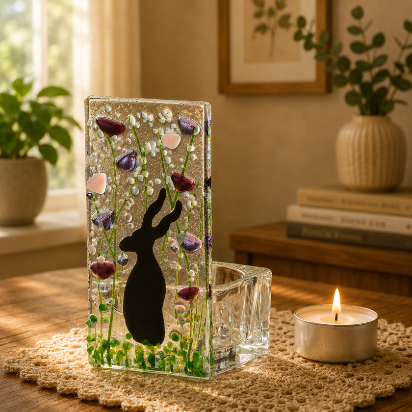 Fused Glass Tea Light Holder – Hare & Violet Design (Handmade)