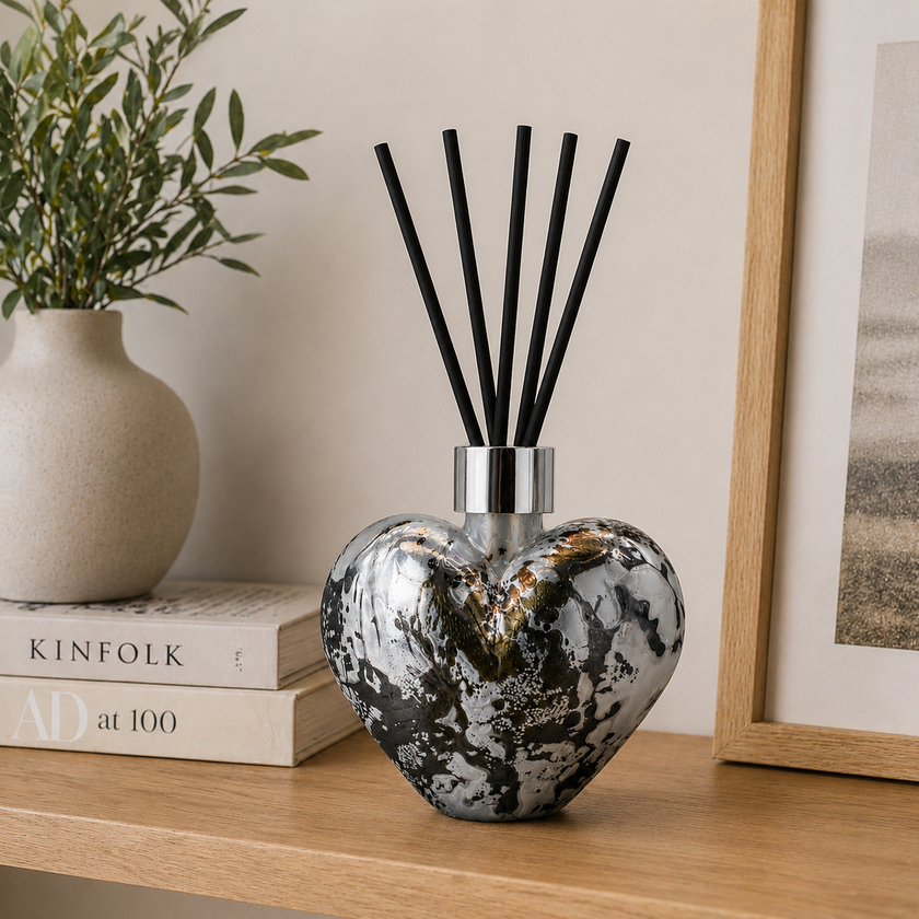Pastel Silver Heart Reed Diffuser – Handcrafted Glass Bottle (No Oil)