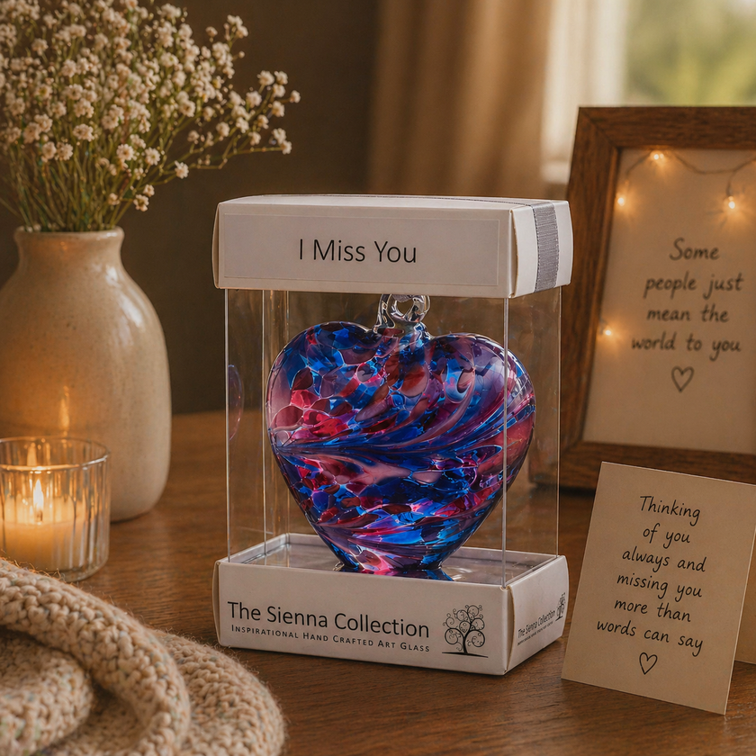 8cm Friendship Heart – I Miss You (Blue & Pink, Handmade Glass Keepsake)