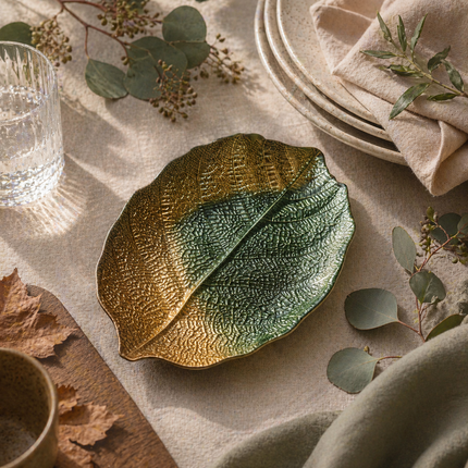 Glass Plate - Leaf Design - Green & Gold