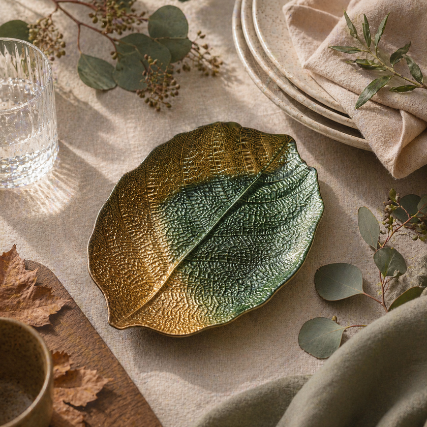 Glass Plate - Leaf Design - Green & Gold