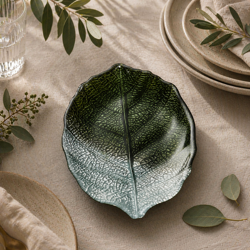 Glass Plate - Leaf Design - Green & Silver
