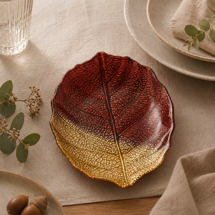 Glass Plate - Leaf Design - Brown & Gold