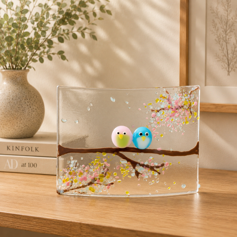Fused Glass Curve – Love Birds in Spring Blossom (Handmade)
