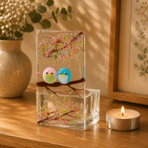 Fused Glass Tea Light Holder – Love Birds & Spring Blossom (Handmade)