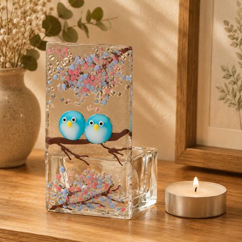 Fused Glass Tea Light Holder – Love Birds & Summer Blossom (Handmade)