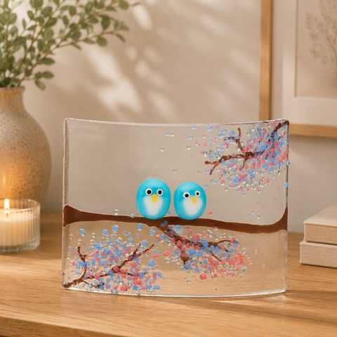Fused Glass Curve – Love Birds in Summer Blossom (Handmade)