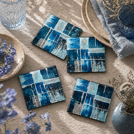 Set of 4 Glass Coasters – Piazza Blue (Handmade Fused Glass)