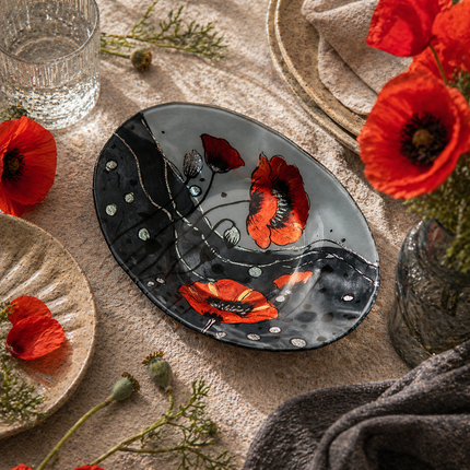 Oval Glass Bowl – Wild Poppy Design (Handmade Decorative Centrepiece)
