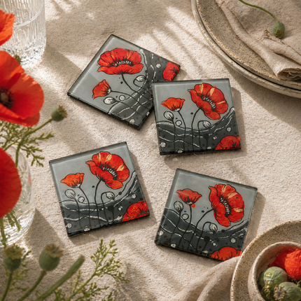 Set of 4 Glass Coasters – Wild Poppy Design (Handmade Fused Glass)