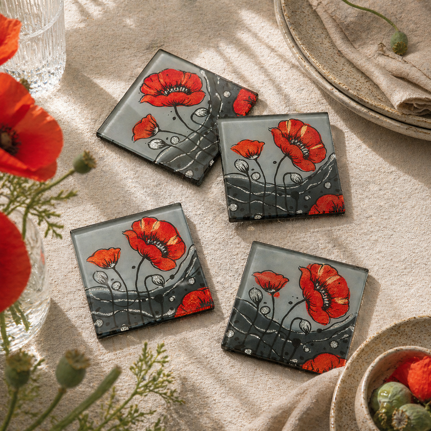 Set of 4 Glass Coasters – Wild Poppy Design (Handmade Fused Glass)
