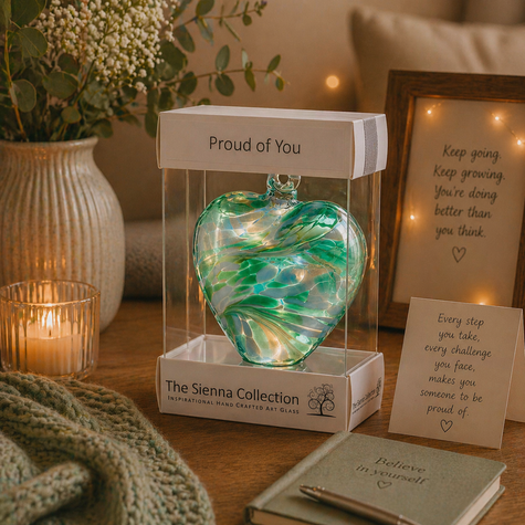 8cm Friendship Heart – Proud of You (Green, Handmade Glass Keepsake)
