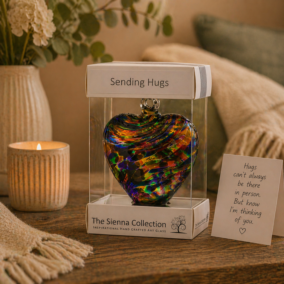 8cm Friendship Heart – Sending Hugs (Multicoloured, Handmade Glass Keepsake)