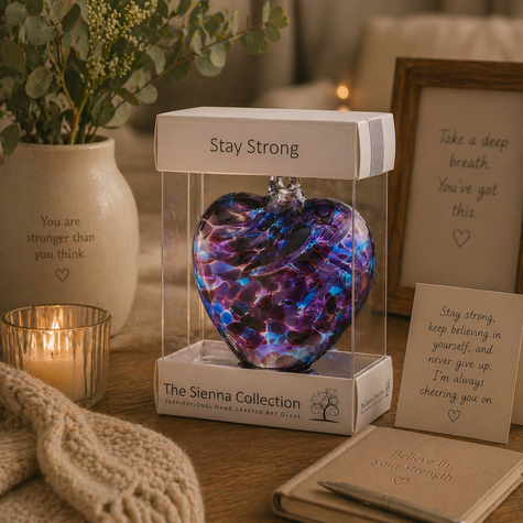 8cm Friendship Heart – Stay Strong (Purple & Blue, Handmade Glass Keepsake)
