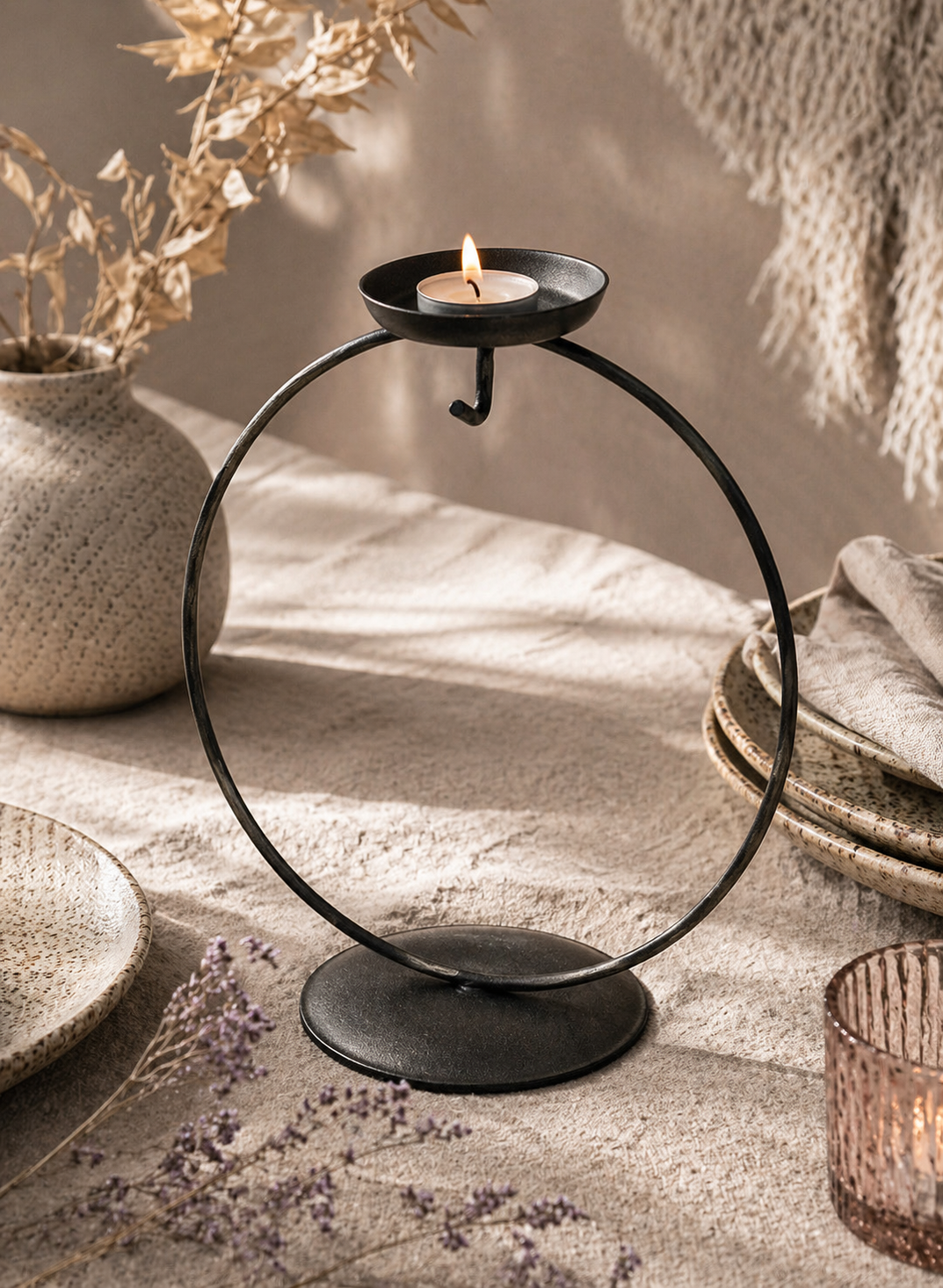 Black Circular Display Stand with Tea Light Holder – For Glass Ornaments