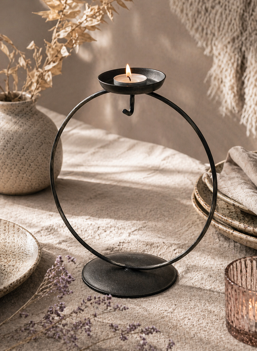 Black Circular Display Stand with Tea Light Holder – For Glass Ornaments