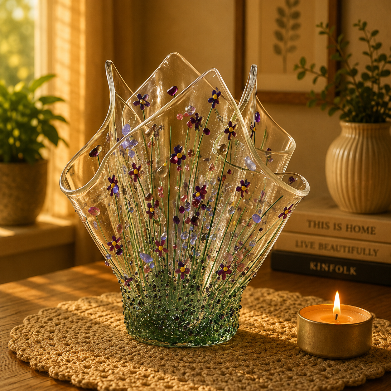Handmade Fused Glass Large Tealight Holder – Violet Design