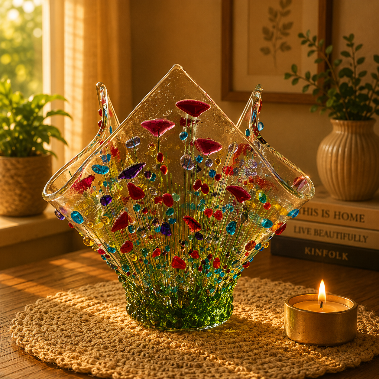 Handmade Fused Glass Small Tealight Holder – Wildflower Design