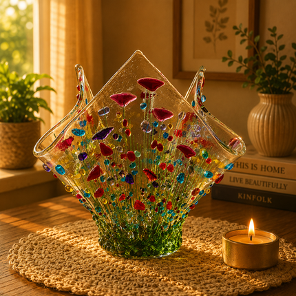 Handmade Fused Glass Small Tealight Holder – Wildflower Design