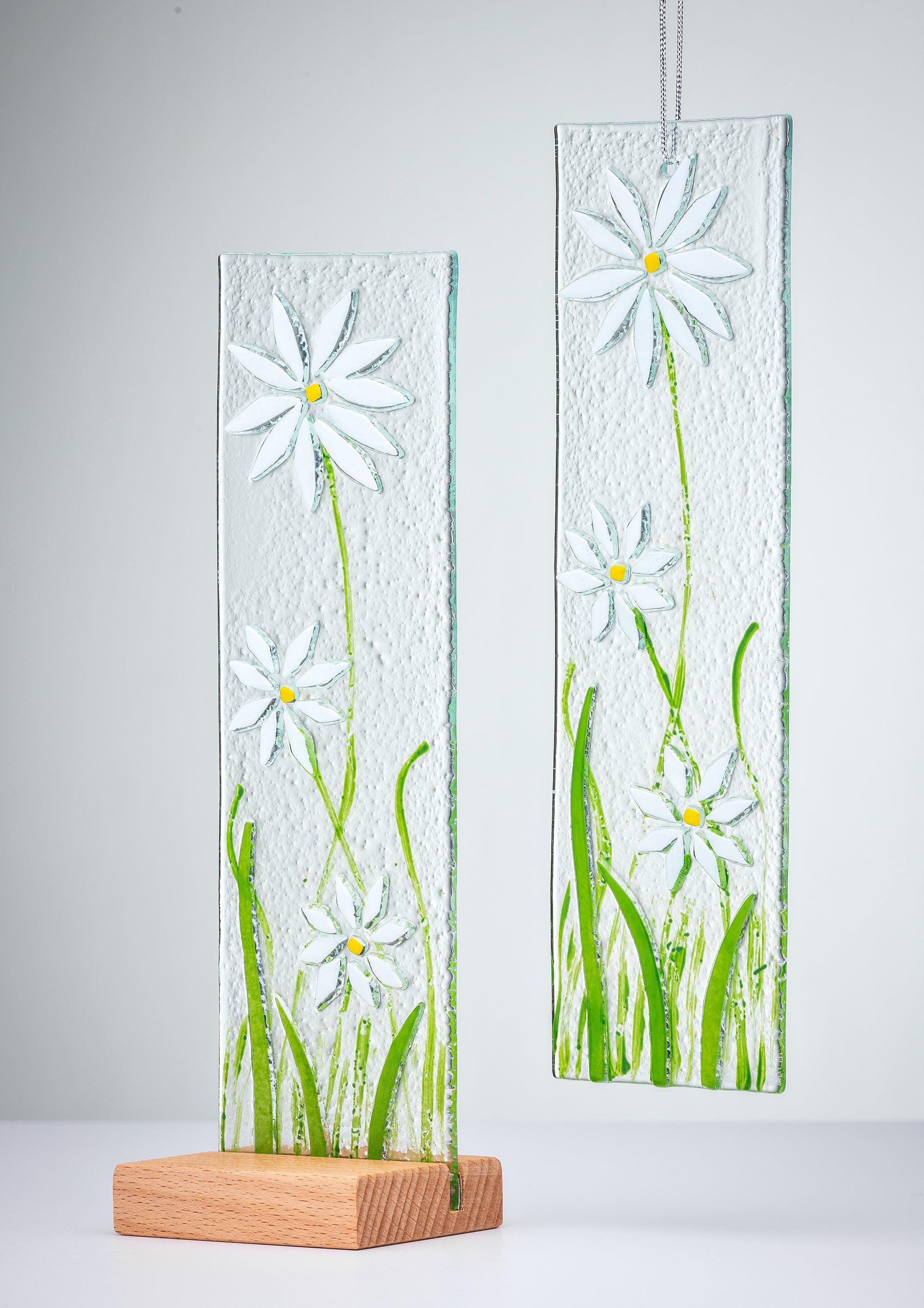 Hanging Decorative Flower Plaque - White - Aspire Art Glass